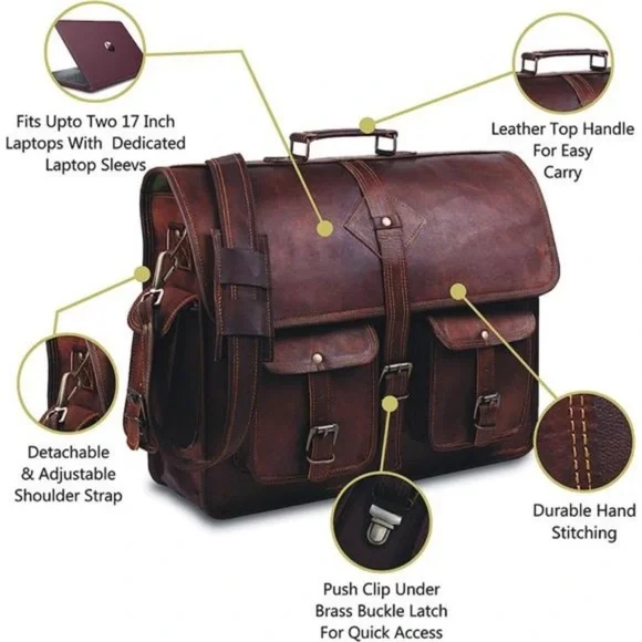 Vintage Laptop Bag for Men Full Grain Large Leather Messenger bag 18 
